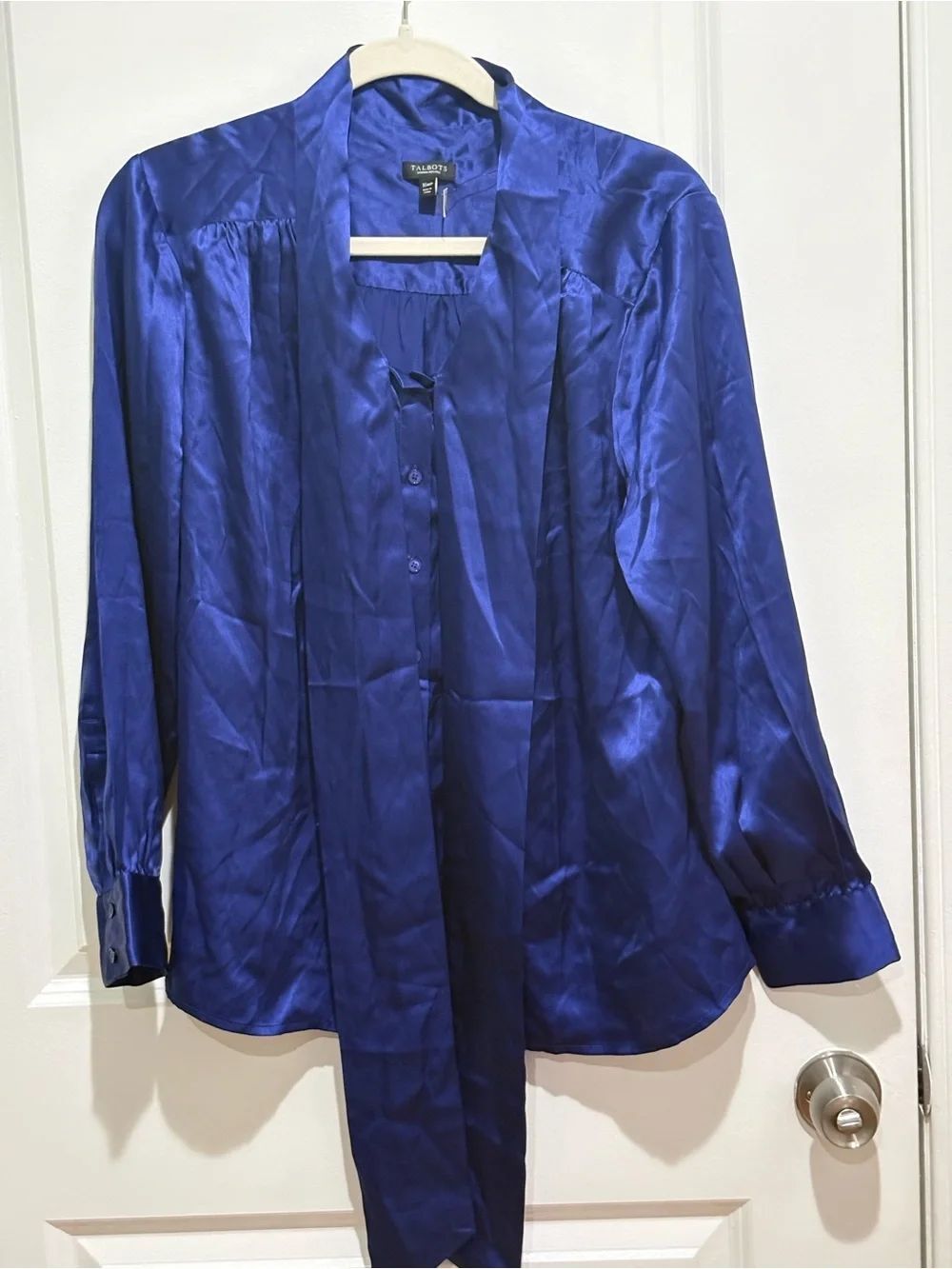 Talbots Satin Tie-Neck Blouse Top in Royal Blue